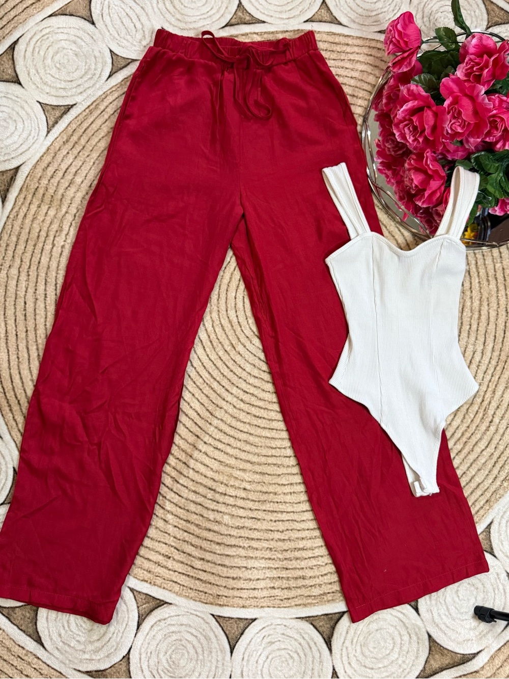 SHEIN Red Wide-Leg Drawstring Pants